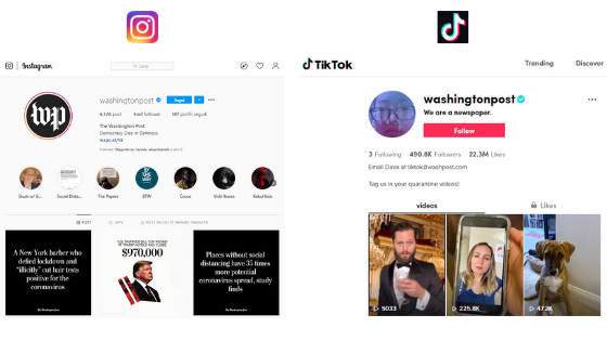 Confronto canali Instagram e Tik TokWashington post 